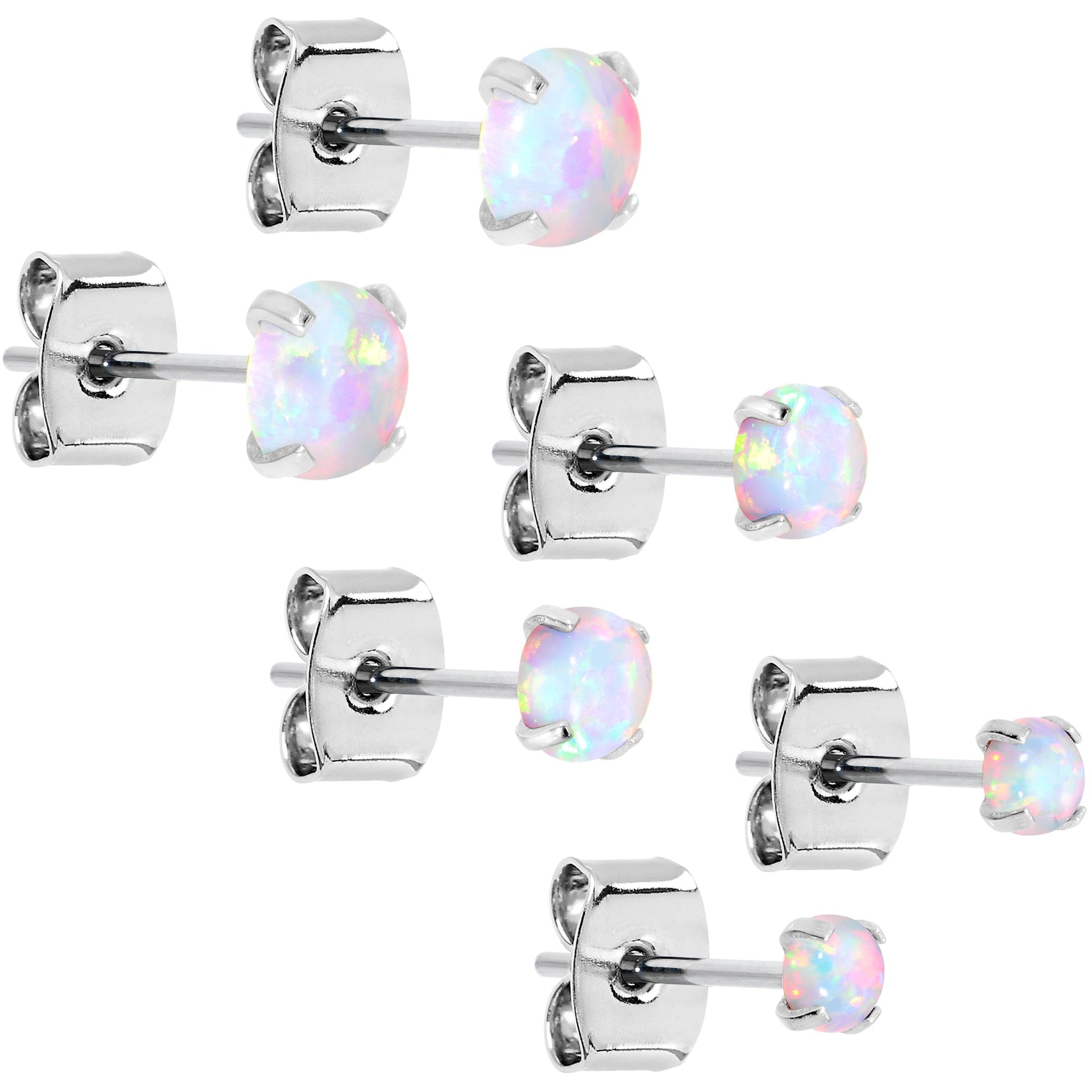 Set of three white synthetic opal stud earrings with stainless steel posts and friction backings.