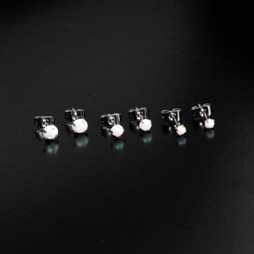White Synthetic Opal Stud Earrings, Stainless Steel Post Set of 3