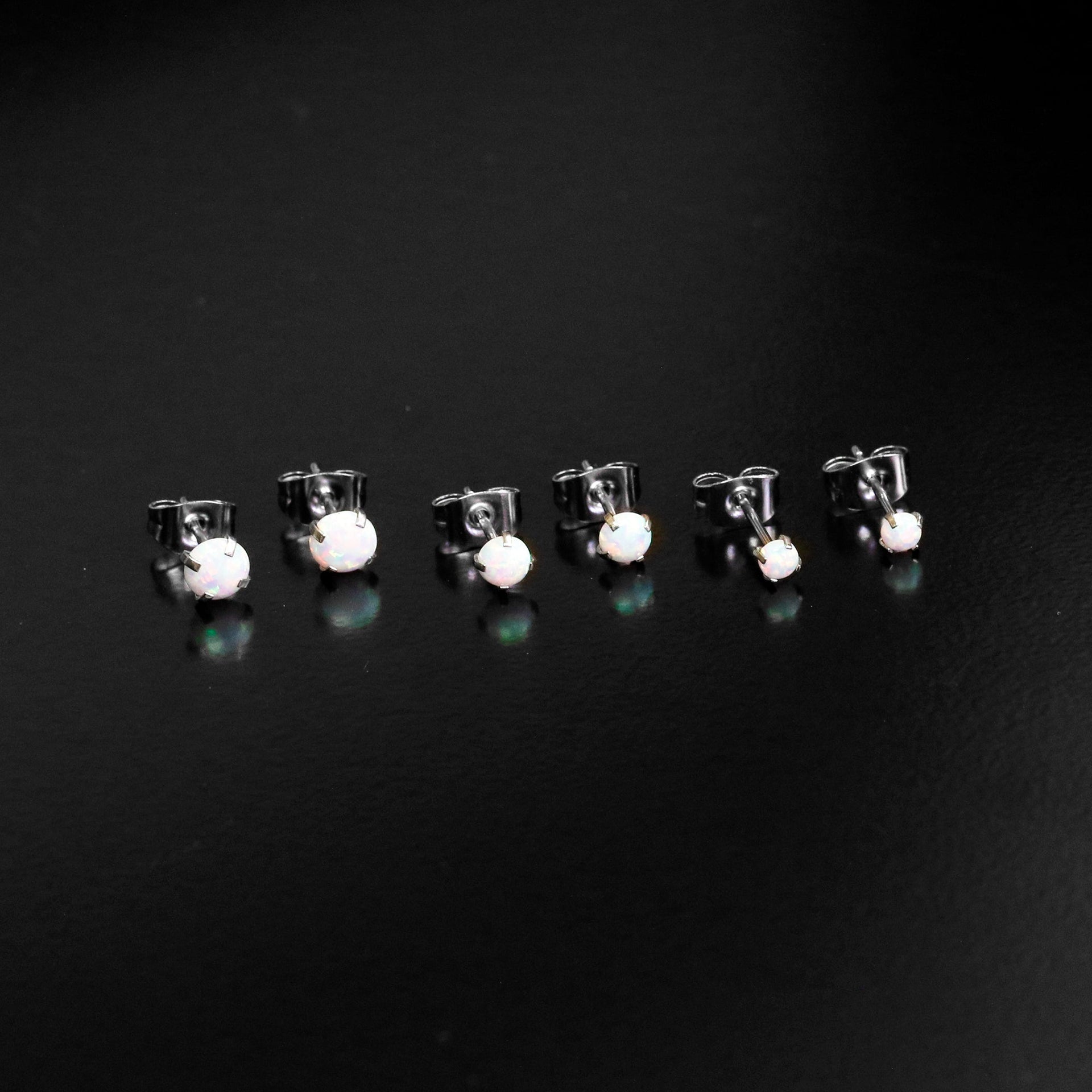 White Synthetic Opal Stud Earrings, Stainless Steel Post Set of 3