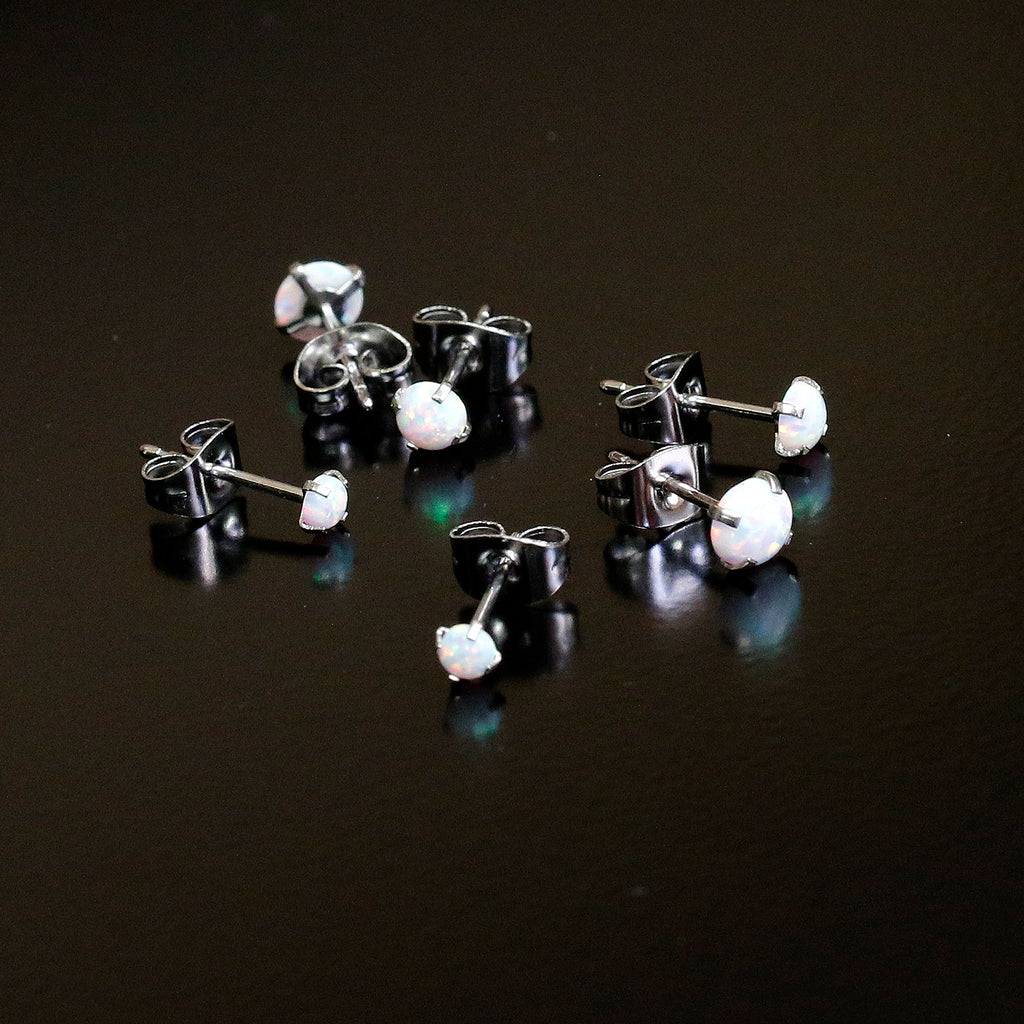 White Synthetic Opal Stud Earrings, Stainless Steel Post Set of 3