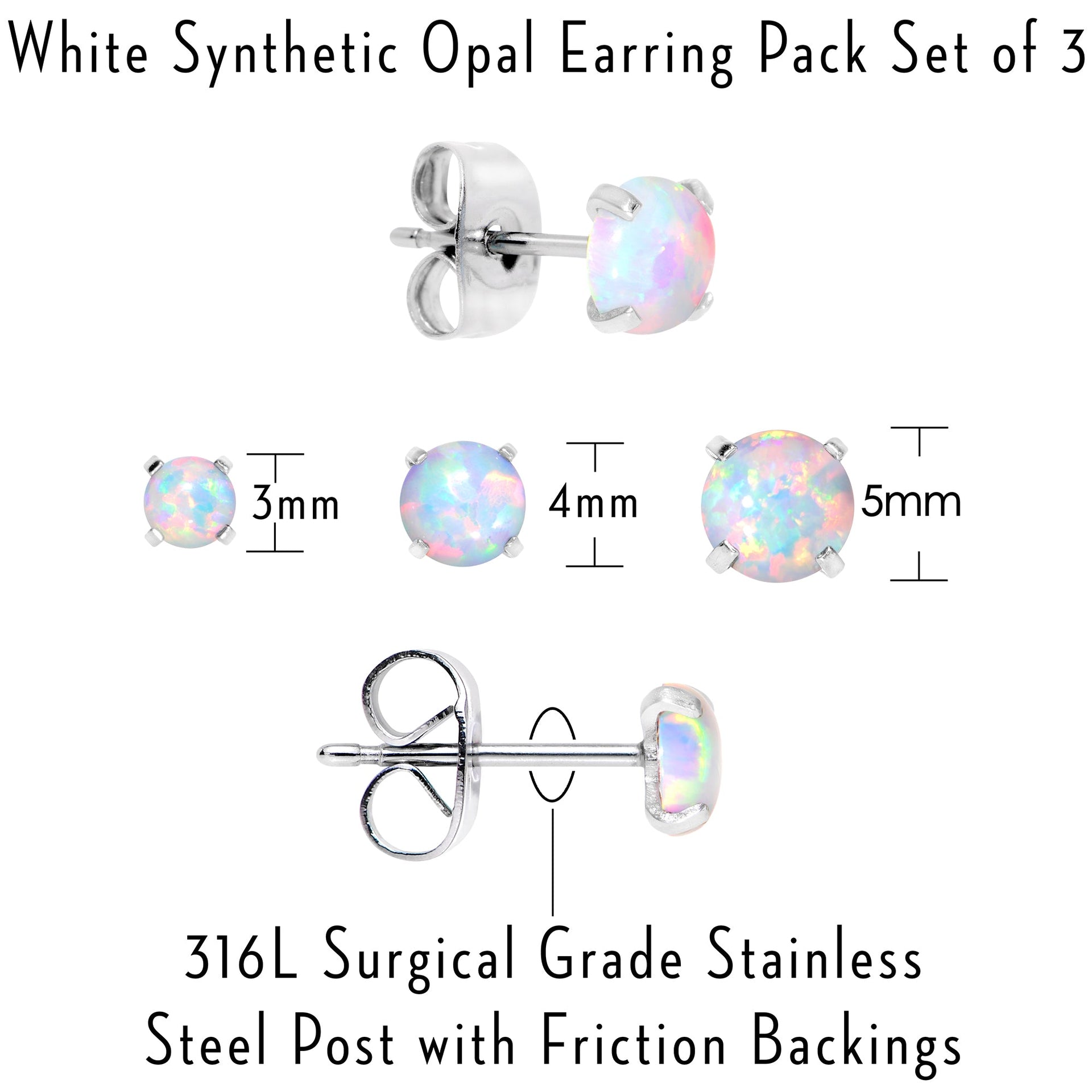 White Synthetic Opal Stud Earrings, Stainless Steel Post Set of 3