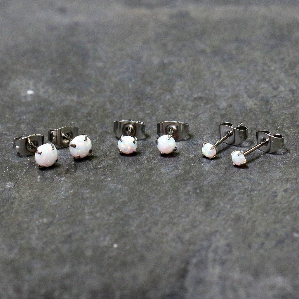 White Synthetic Opal Stud Earrings, Stainless Steel Post Set of 3
