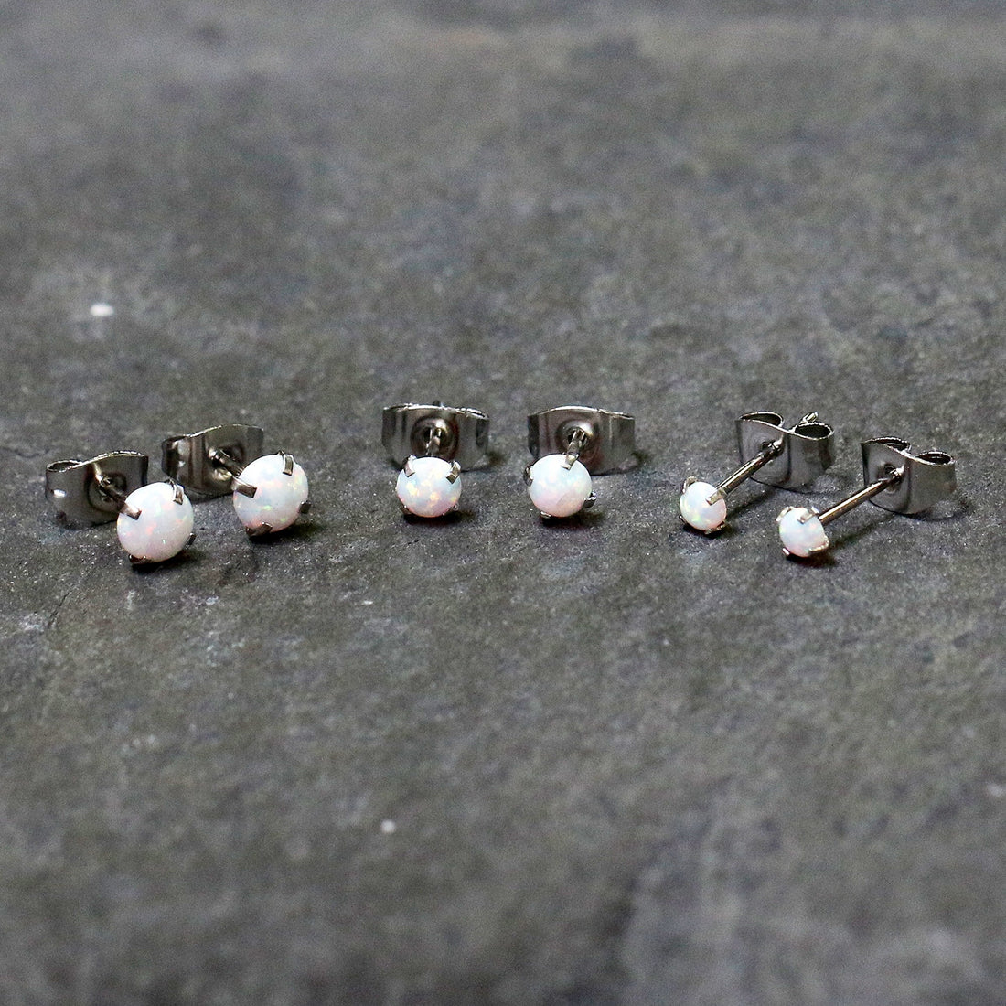 White Synthetic Opal Stud Earrings, Stainless Steel Post Set of 3