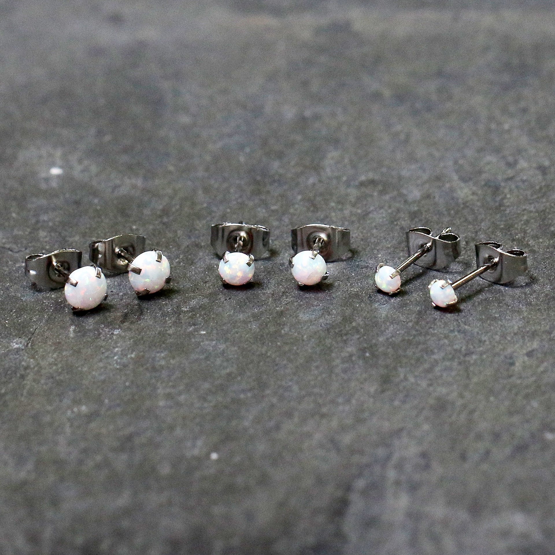 White Synthetic Opal Stud Earrings, Stainless Steel Post Set of 3