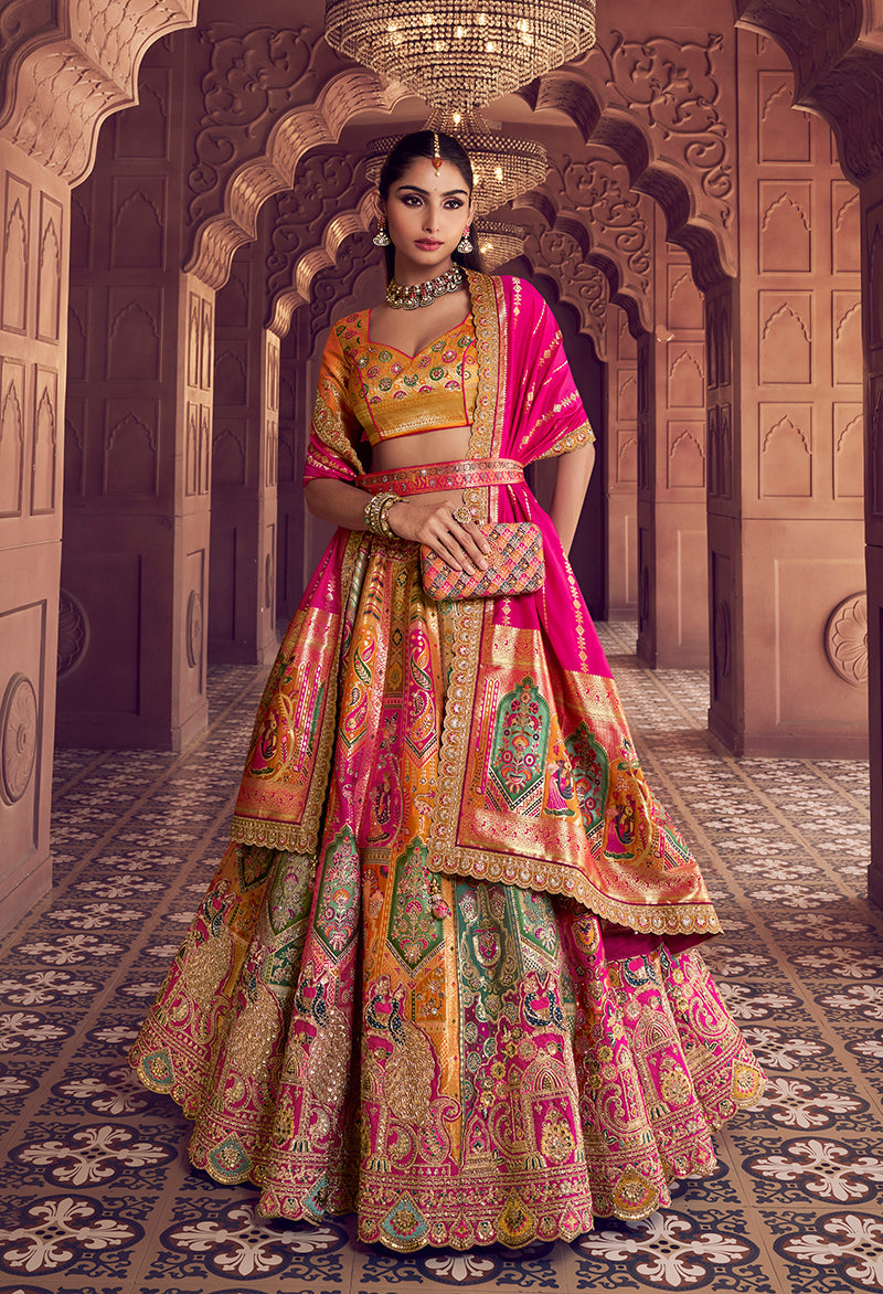 Multi-colored Banarasi silk blend lehenga choli with embroidery, sequins, and Swarovski work