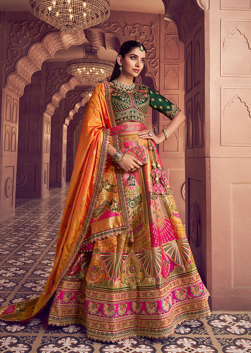 Multi-colored Banarasi Silk Blend lehenga choli with sequins and embroidery