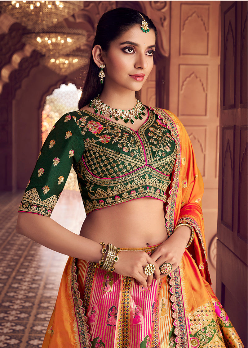 Multi Colour Embroidered Banarasi Silk Blend Lehenga Choli