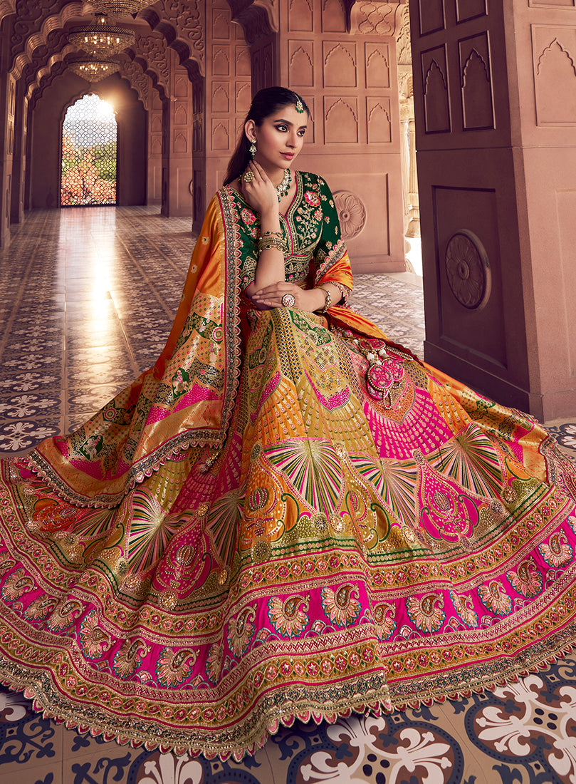 Multi Colour Embroidered Banarasi Silk Blend Lehenga Choli