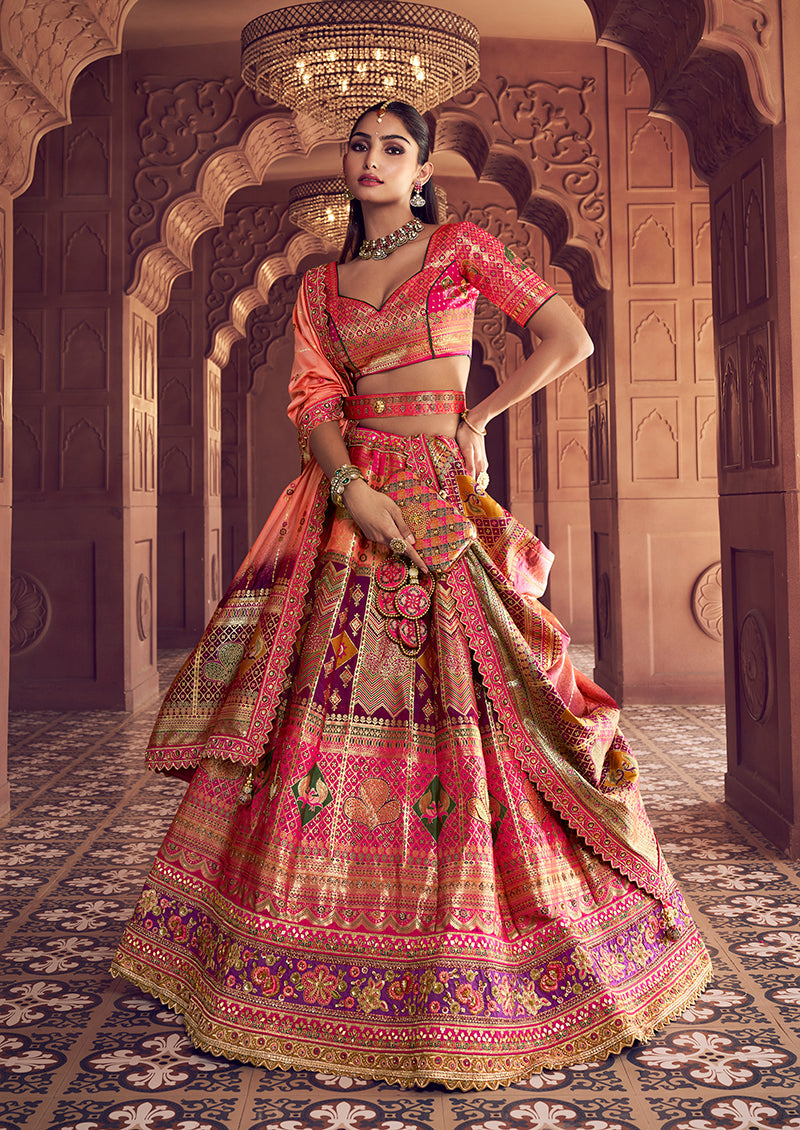 Multi-colour Banarasi silk blend lehenga choli with sequins and embroidery
