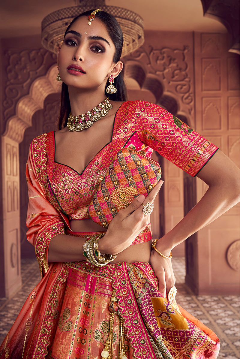Multi Colour Embroidered Banarasi Silk Blend Lehenga Choli