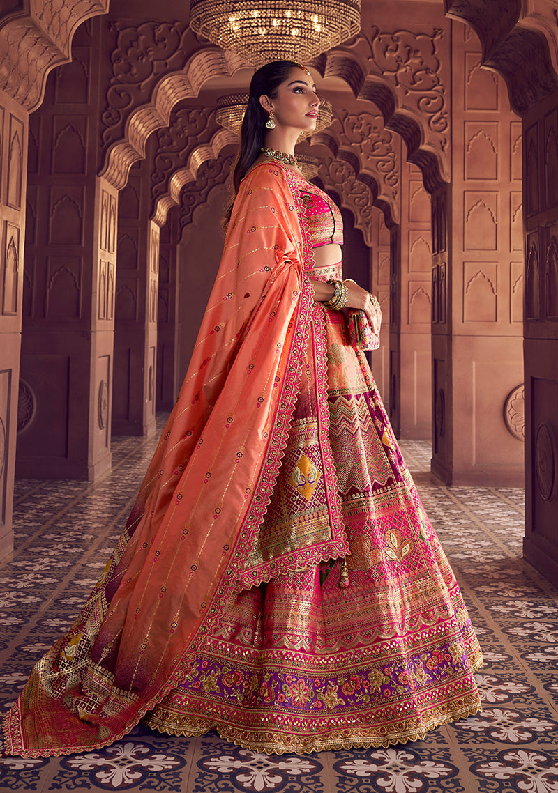Multi Colour Embroidered Banarasi Silk Blend Lehenga Choli