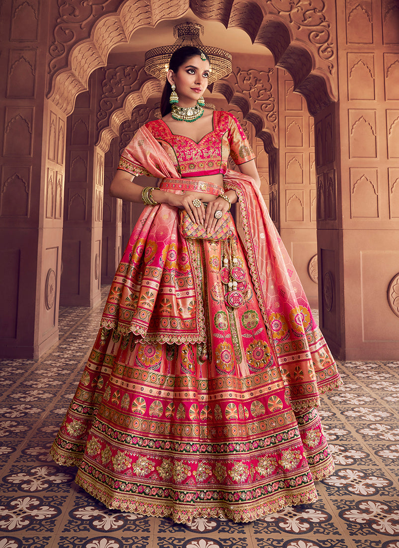 Multi-colour Banarasi silk blend lehenga choli with heavy embroidery, sequins, and Swarovski crystal work