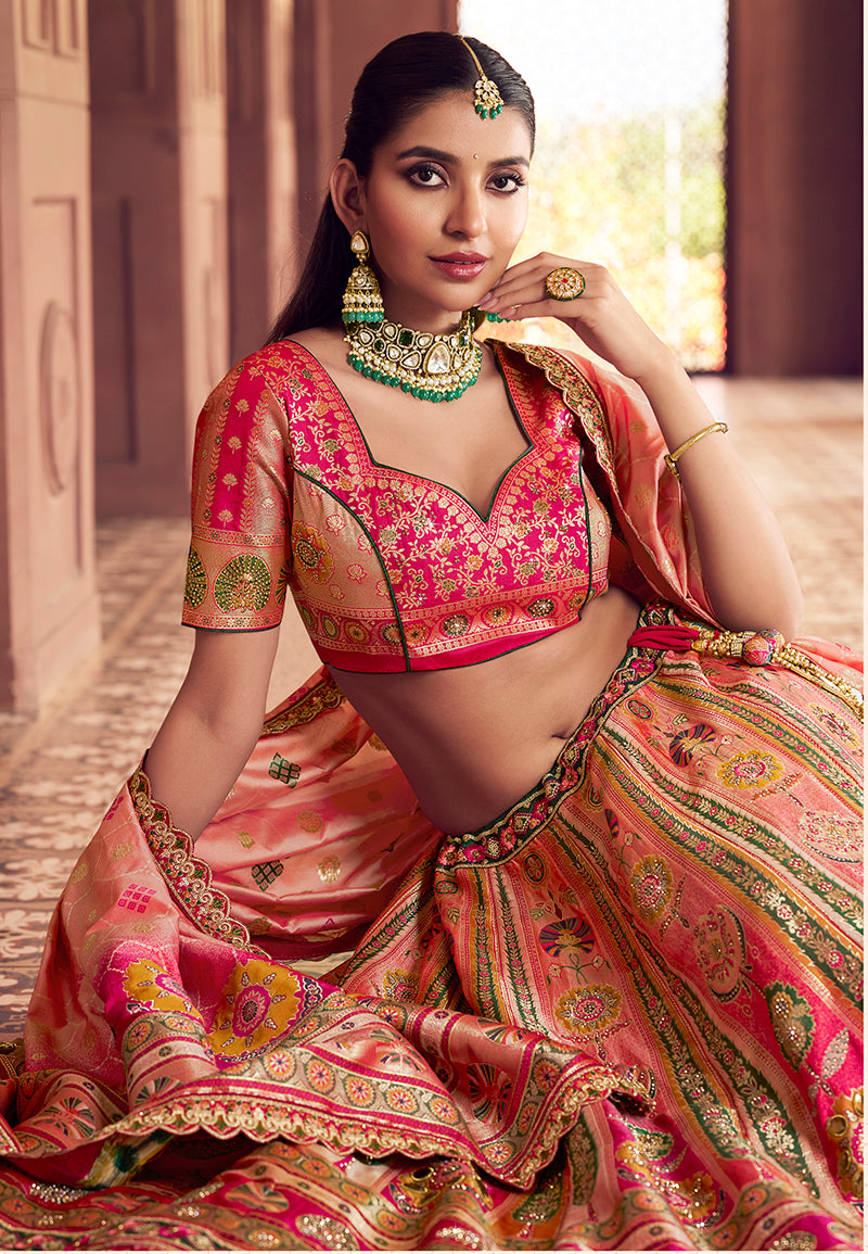 Multi Colour Embroidered Banarasi Silk Blend Lehenga Choli