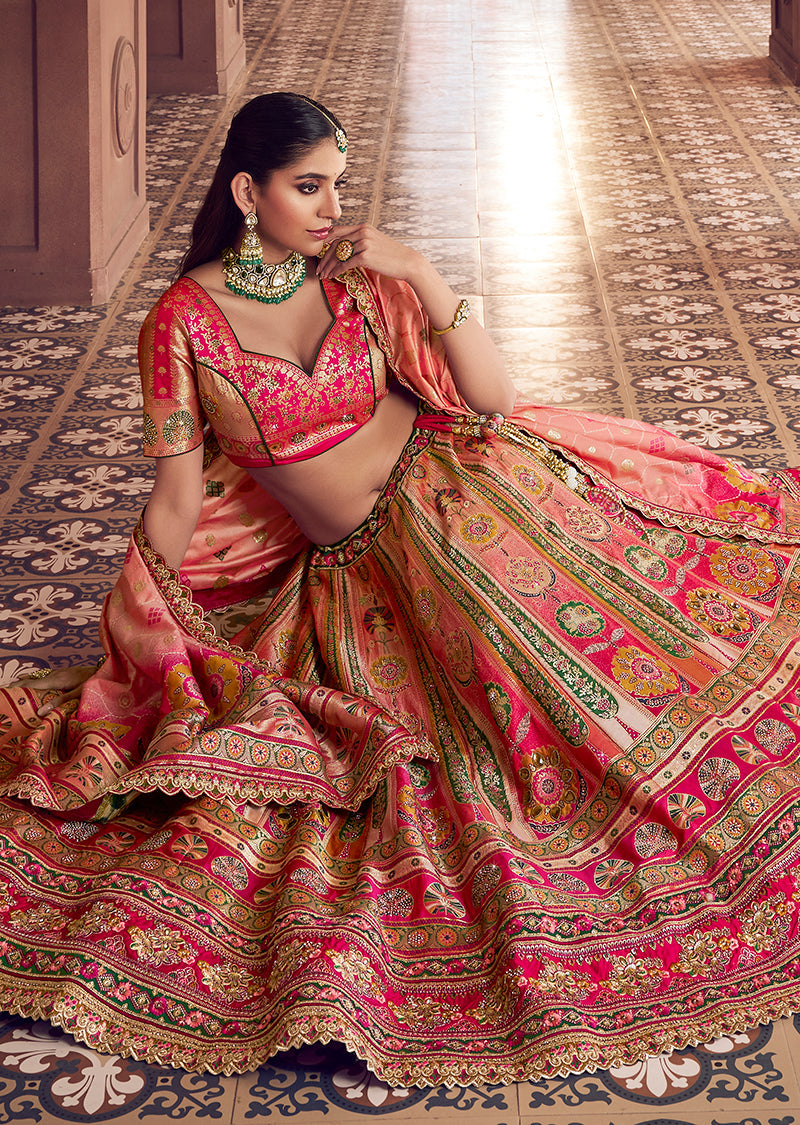 Multi Colour Embroidered Banarasi Silk Blend Lehenga Choli