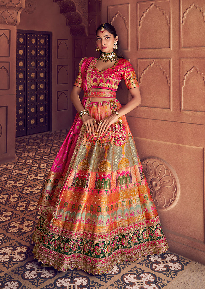 Multi-colored Banarasi Silk blend lehenga choli with embroidery and Swarovski detailing