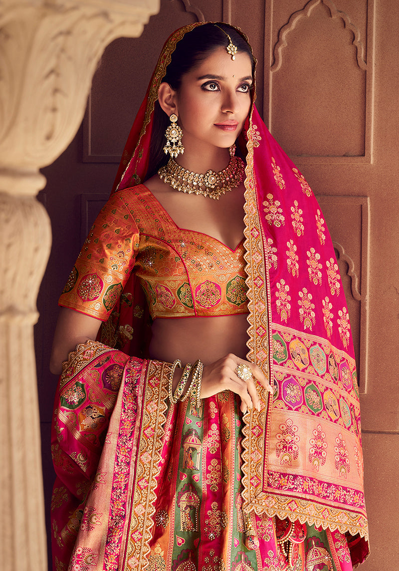 Multi Colour Banarasi Silk Blend Embroidered Lehenga Choli