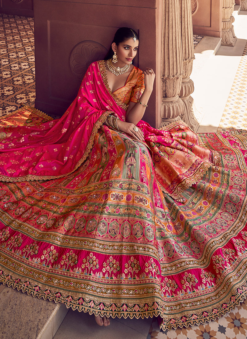 Multi Colour Banarasi Silk Blend Embroidered Lehenga Choli