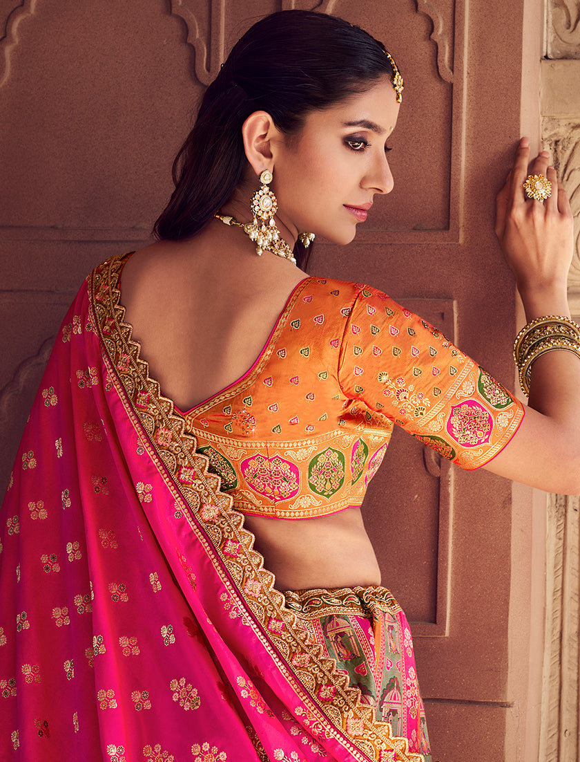 Multi Colour Banarasi Silk Blend Embroidered Lehenga Choli