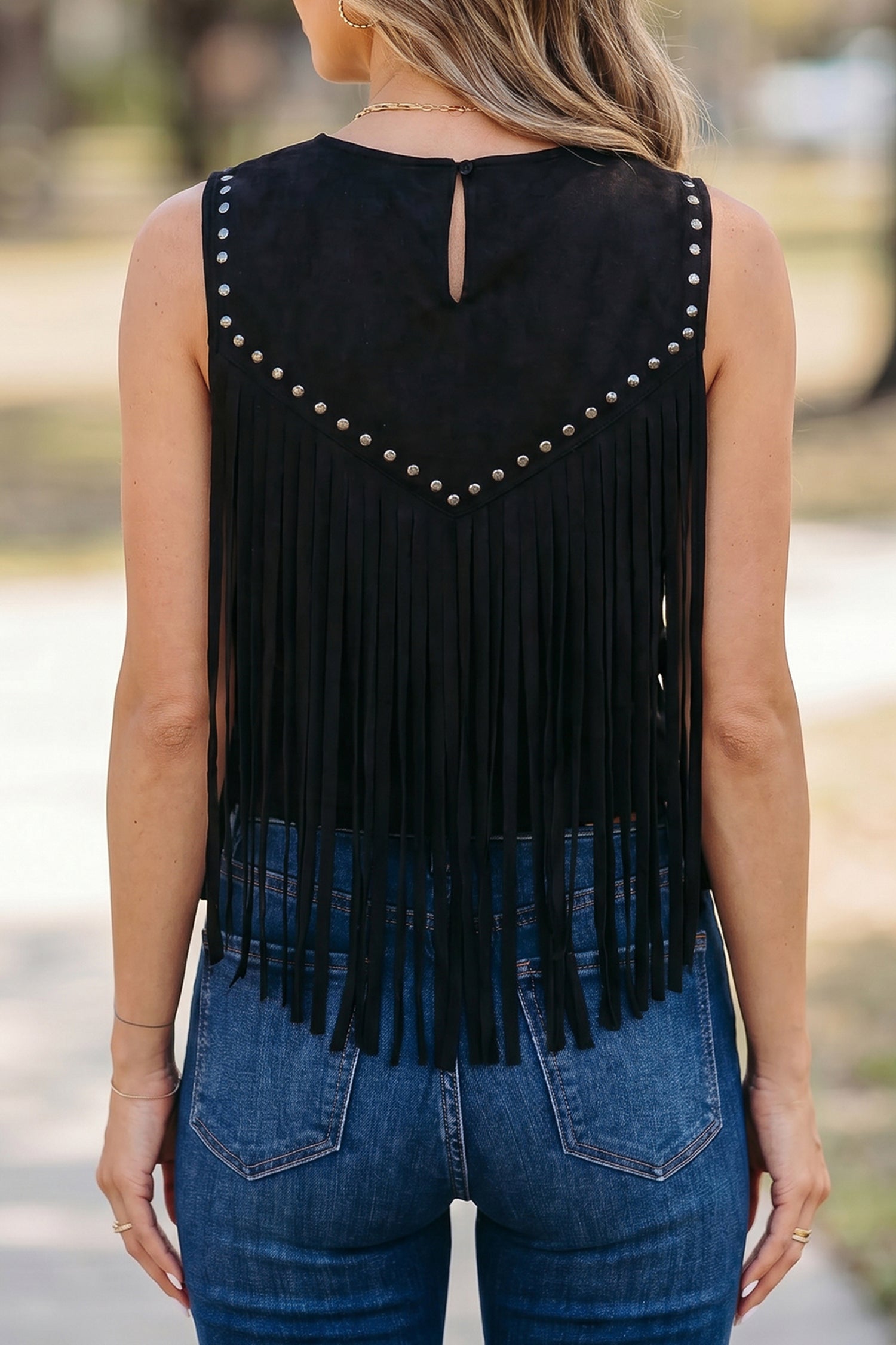 Black Sleeveless Bust Paneling Top with Fringe and Rivets