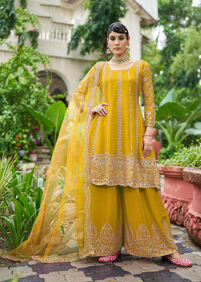 Mustard yellow Chinnon palazzo kameez with mirror work and embroidery