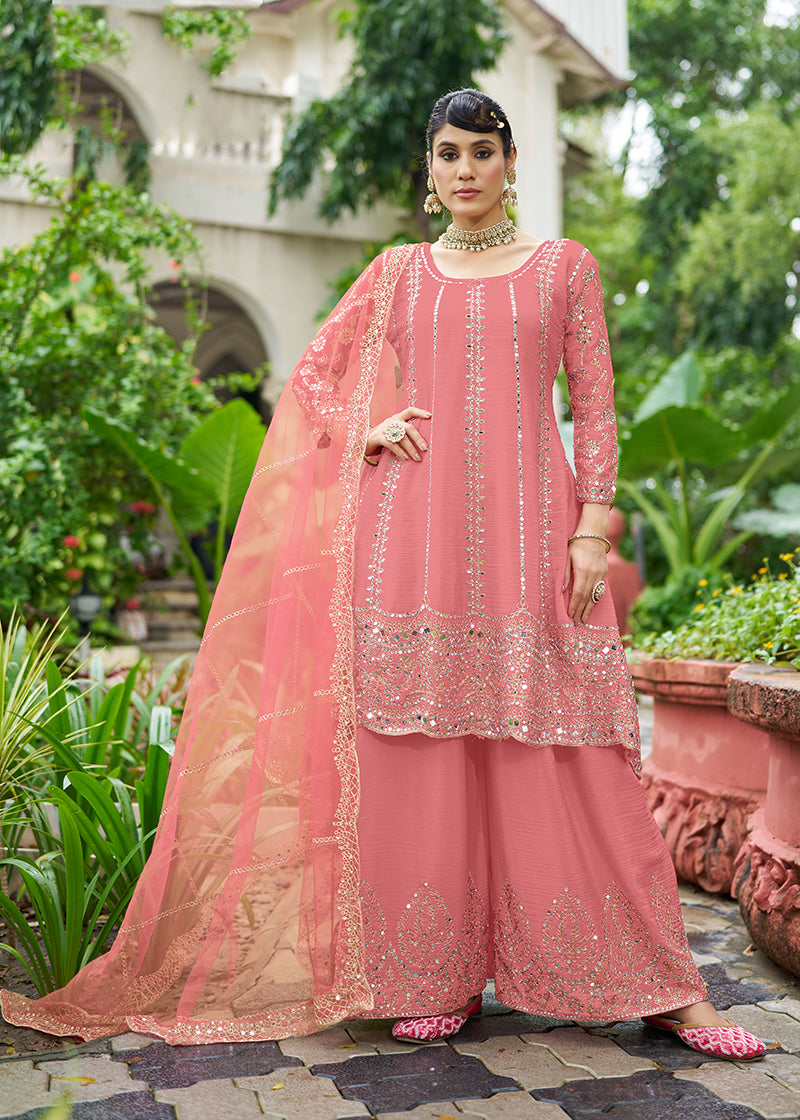 Pink Chinnon palazzo suit featuring intricate embroidery and mirror work for festivals