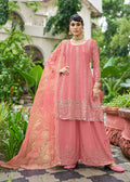 Pink Chinnon palazzo suit featuring intricate embroidery and mirror work for festivals