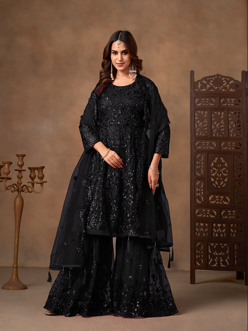 Black Embroidered Net Palazzo Salwar Suit with Sequin Work