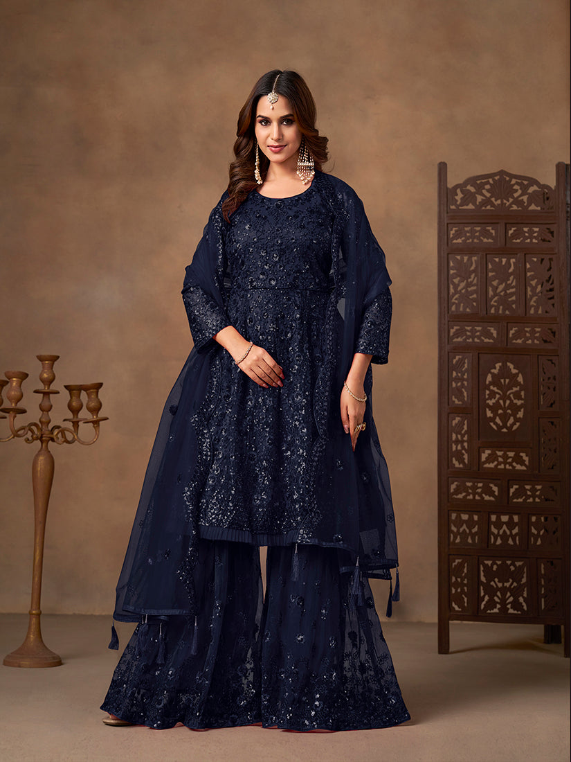 Navy Blue Embroidered Net Palazzo Salwar Suit for Party Wear