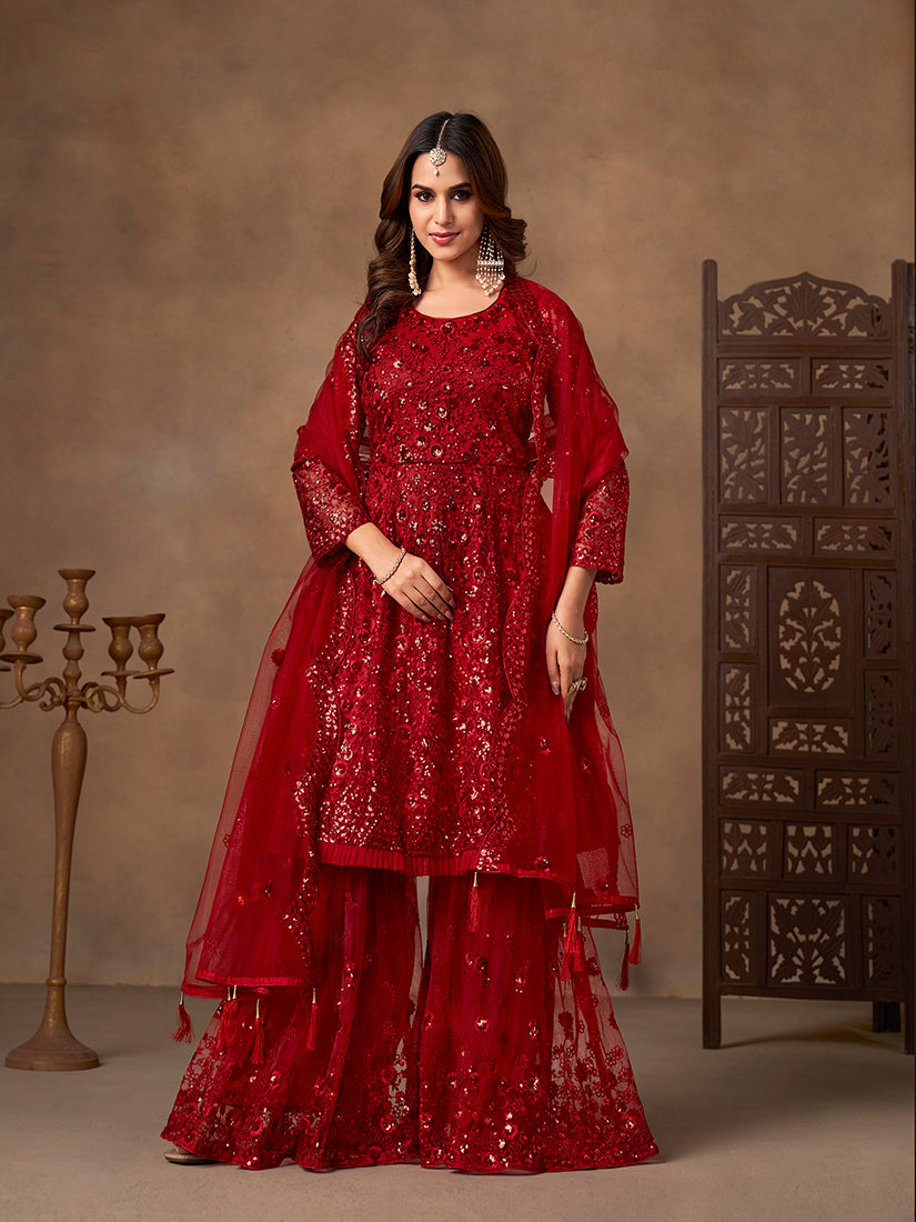 Red Embroidered Net Palazzo Salwar Suit for Party Wear