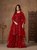 Red Embroidered Net Palazzo Salwar Suit for Party Wear