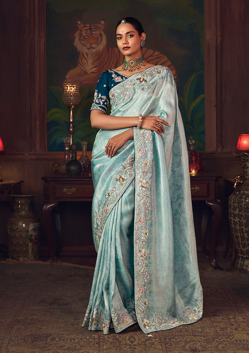 Monjolika Fashion Sky Blue Zari Woven Silk Blend Embroidered Saree For Wedding Wear