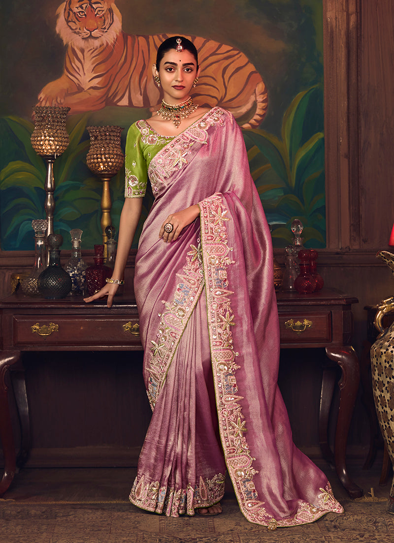Monjolika Fashion Onion Pink Zari Woven Silk Blend Embroidered Saree For Wedding Wear