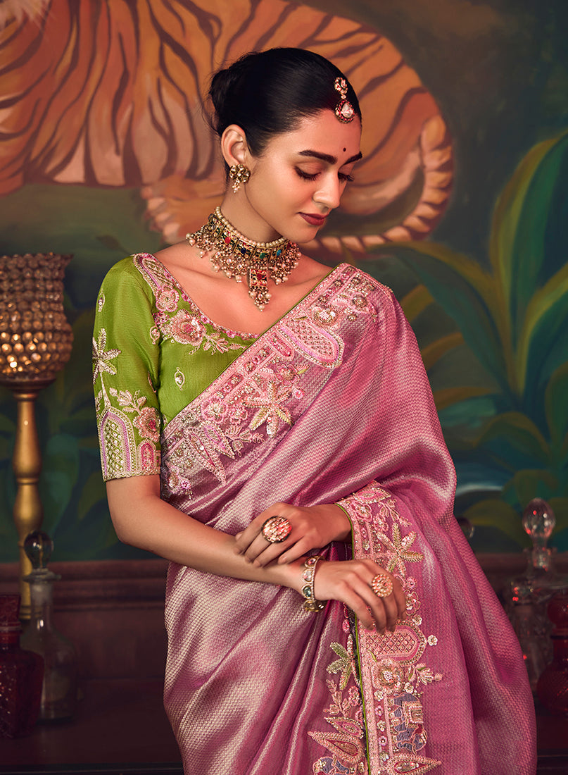 Monjolika Fashion Onion Pink Zari Woven Silk Blend Embroidered Saree For Wedding Wear