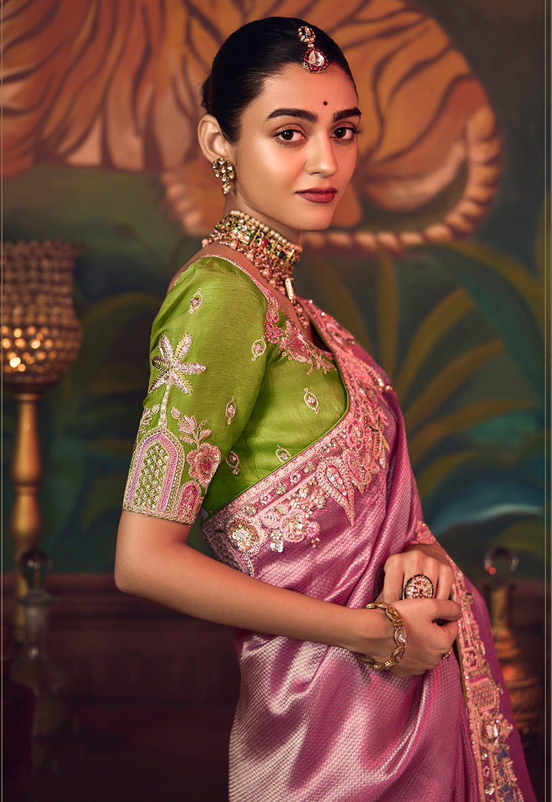 Monjolika Fashion Onion Pink Zari Woven Silk Blend Embroidered Saree For Wedding Wear