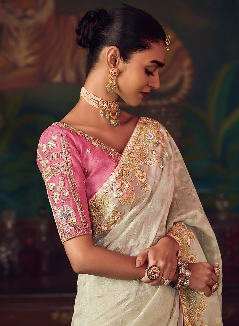 Monjolika Fashion Off White Zari Woven Silk Blend Embroidered Saree For Wedding Wear
