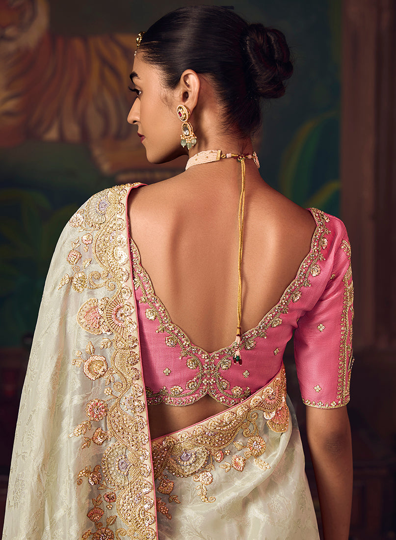 Monjolika Fashion Off White Zari Woven Silk Blend Embroidered Saree For Wedding Wear