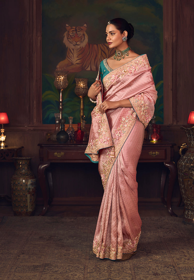 Pink Zari Woven Silk Blend Saree with Teal Blouse for Wedding