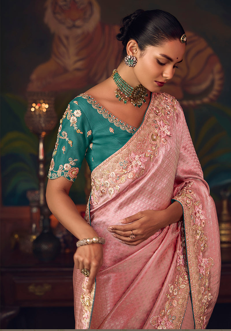 Pink Zari Woven Silk Blend Saree with Teal Blouse for Wedding