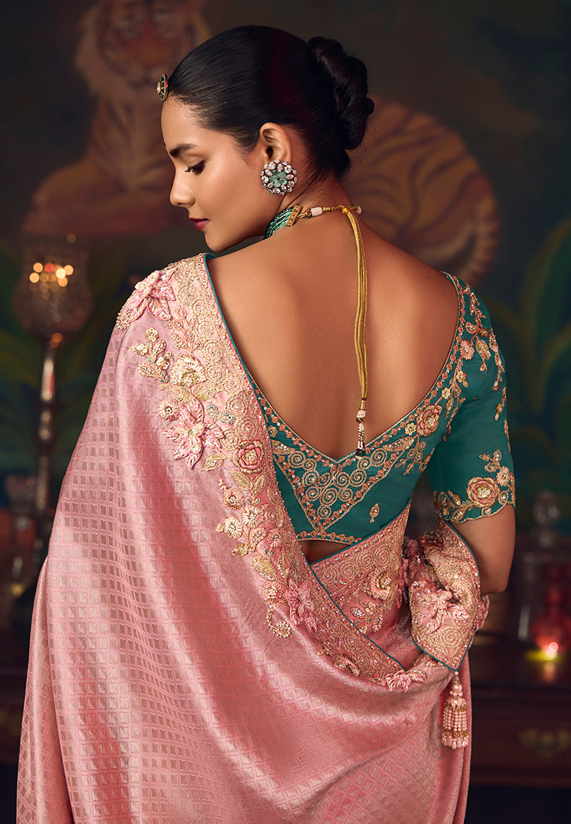 Pink Zari Woven Silk Blend Saree with Teal Blouse for Wedding
