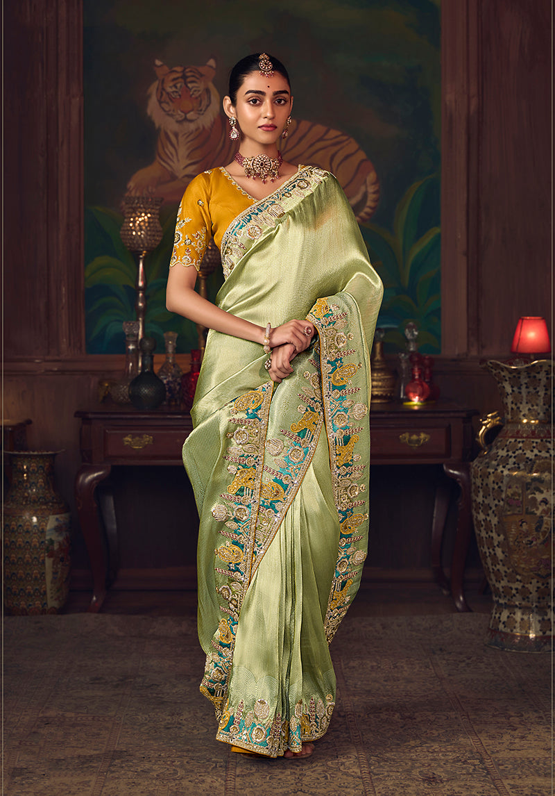 Light Green Zari Woven Silk Blend Embroidered Wedding Saree