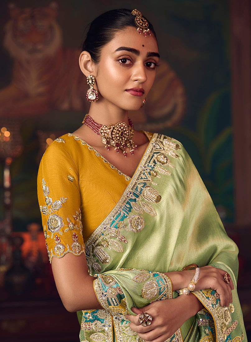 Light Green Zari Woven Silk Blend Embroidered Wedding Saree