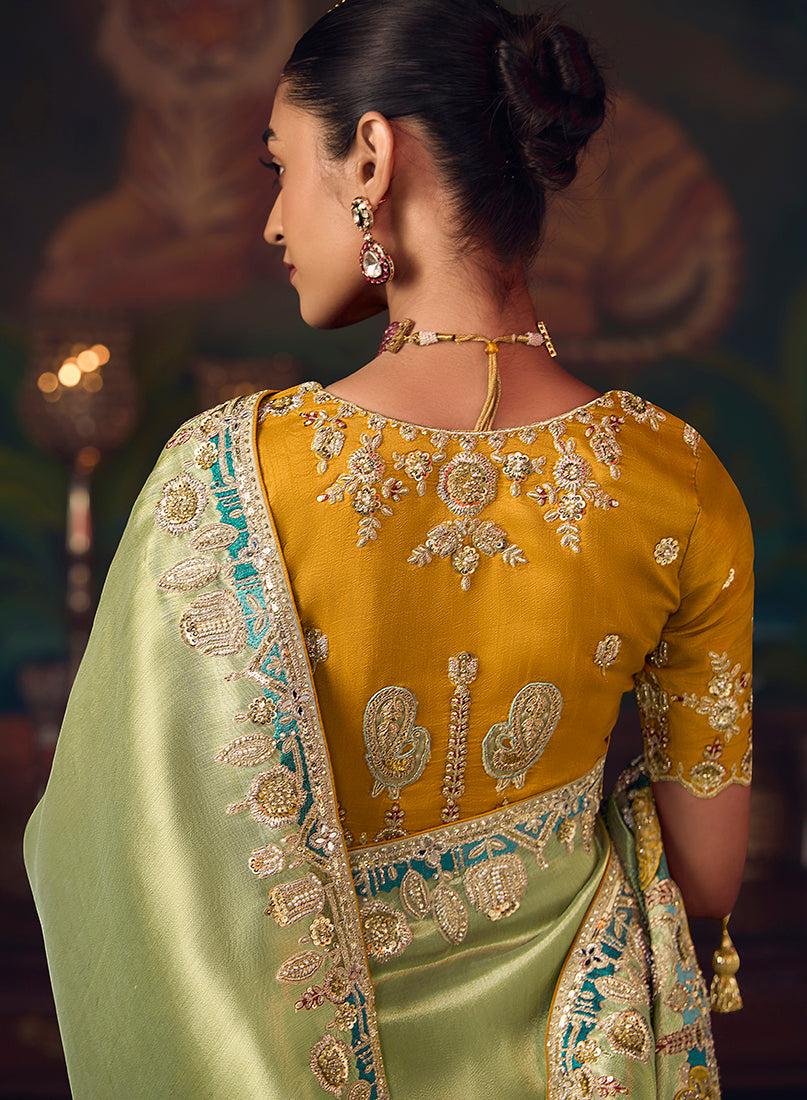 Light Green Zari Woven Silk Blend Embroidered Wedding Saree
