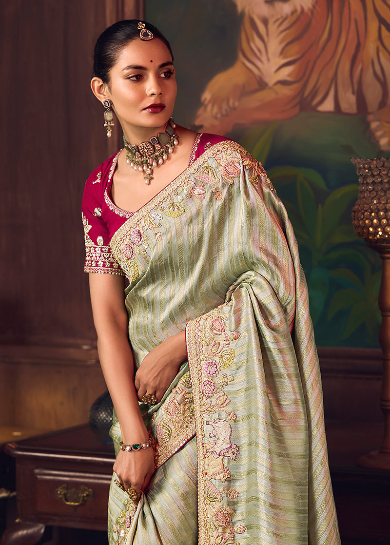 Sea Green Zari Woven Silk Blend Embroidered Wedding Saree