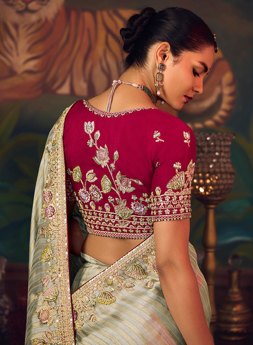 Sea Green Zari Woven Silk Blend Embroidered Wedding Saree
