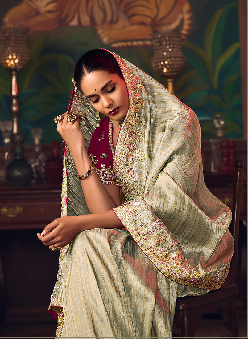 Sea Green Zari Woven Silk Blend Embroidered Wedding Saree