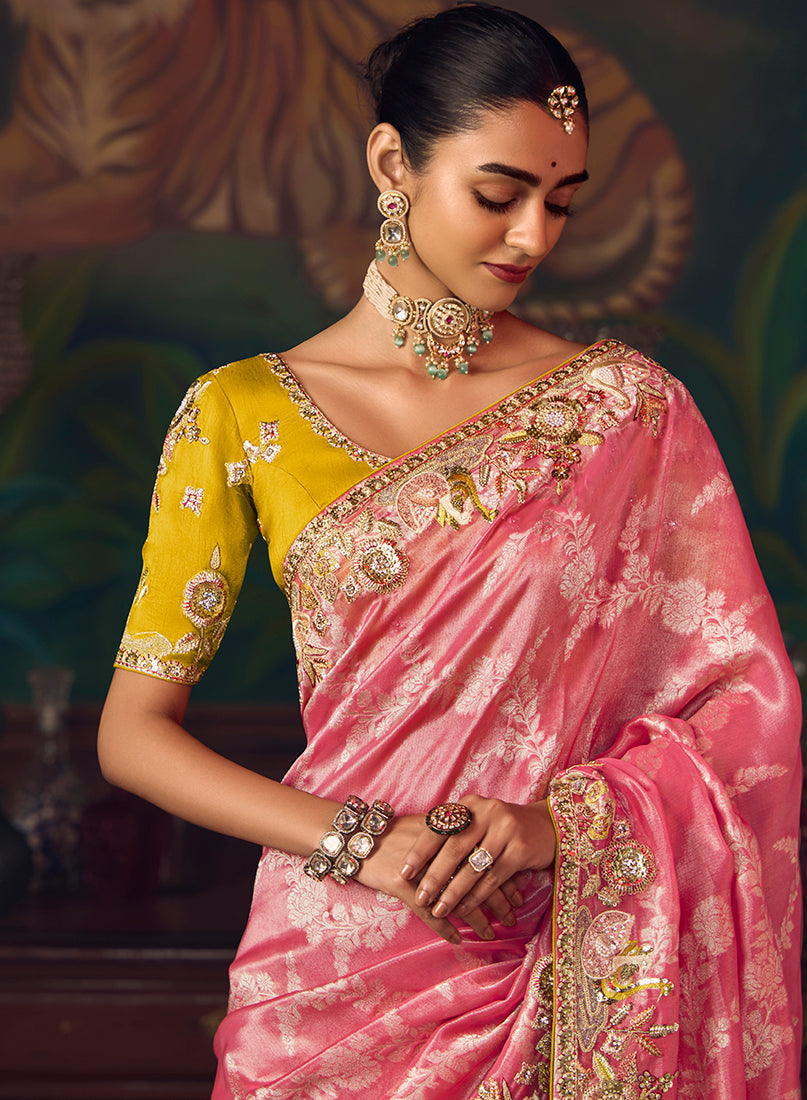 Coral Pink Zari Woven Silk Blend Embroidered Wedding Saree