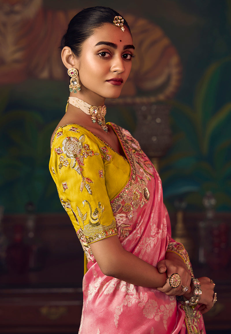 Coral Pink Zari Woven Silk Blend Embroidered Wedding Saree