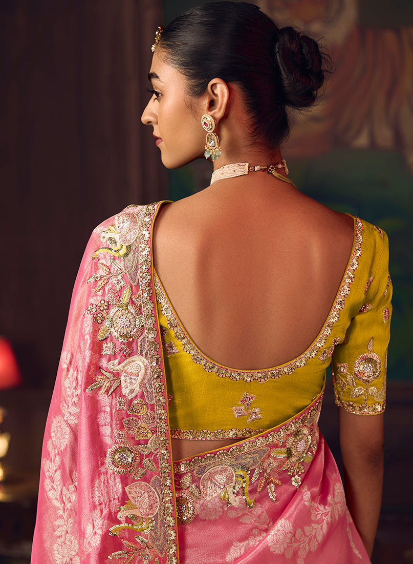 Coral Pink Zari Woven Silk Blend Embroidered Wedding Saree