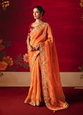Woman wearing a rust fancy fabric saree with detailed embroidery and sequins