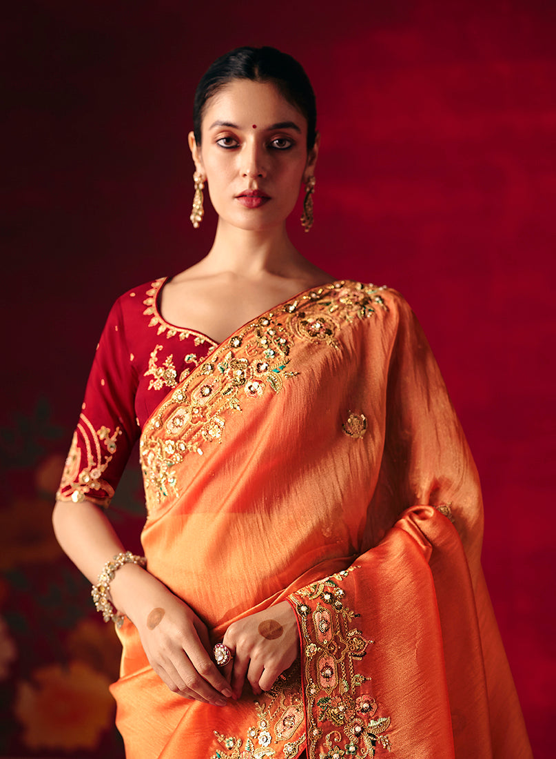 Rust Fancy Embroidered Thread Work Classic Saree
